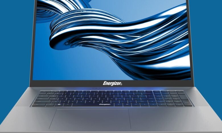 Energizer laptop with a blue abstract wave design on the screen.