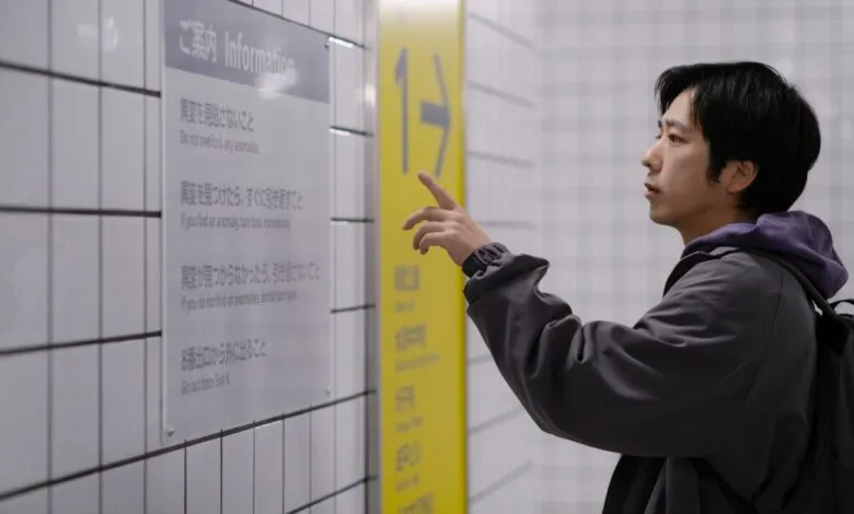 A young man reads a sign in a subway station, pointing to instructions written in Japanese and English.