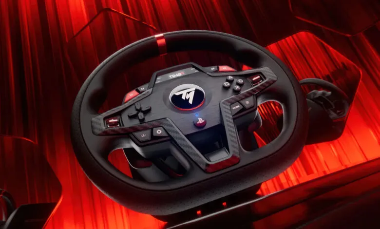 Thrustmaster T248 racing wheel for PlayStation, black with red accents, against a red background.
