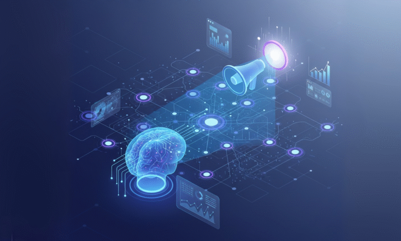 AI brain connected to a megaphone, data streams visualize AI-powered marketing.