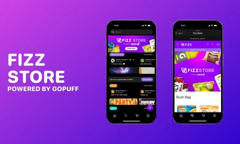 Screenshots of the Fizz Store app interface on a purple gradient background.