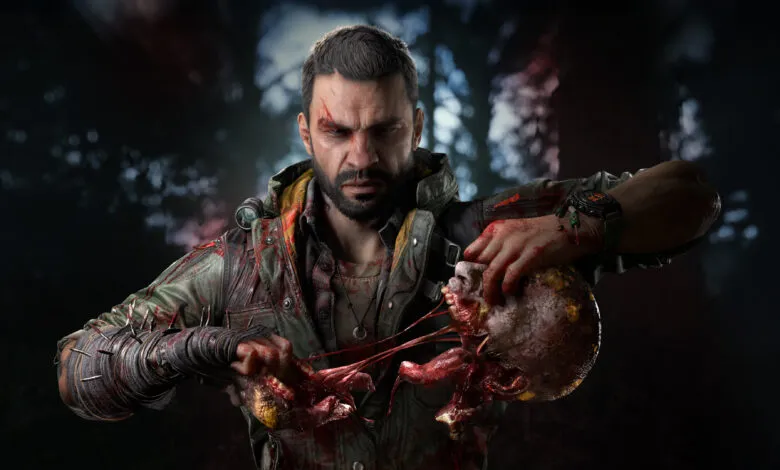 Bloody, intense video game character holding a disfigured head.
