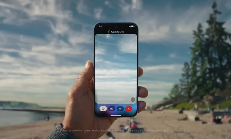 Hand holding smartphone displaying Gemini Live video call interface against a beach background.