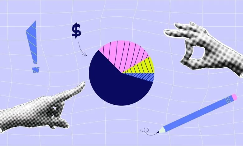 Stylized pie chart with hands pointing, a pencil, and dollar sign, illustrating financial planning or analysis.