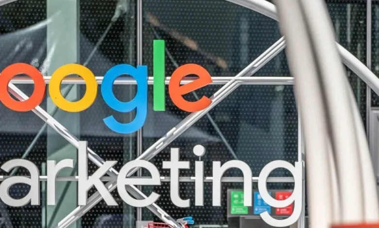 The Google logo and the word 'Marketing' are displayed on a building.