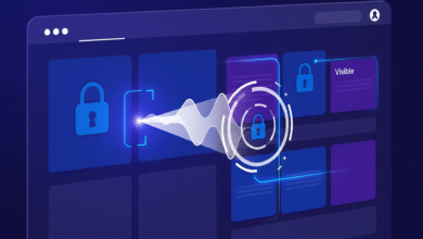 Abstract graphic depicting data security with padlock icons and a wave emanating from a scanner, representing data access control.