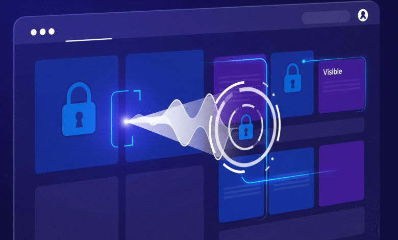 Abstract graphic depicting data security with padlock icons and a wave emanating from a scanner, representing data access control.