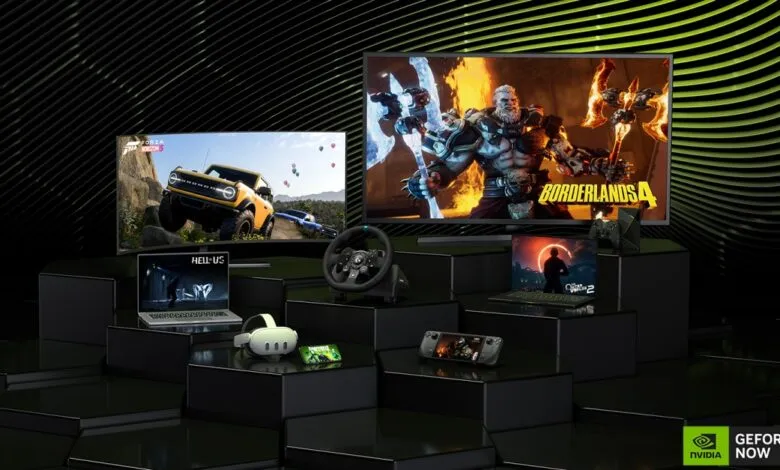 GeForce NOW gaming on various devices: TV, laptop, phone, VR headset. Experience high-quality games.