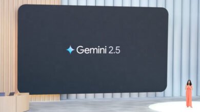 Google Gemini 2.5 announcement at a tech event. A woman in coral presents on a large screen.