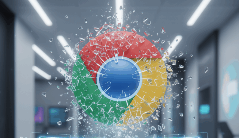 Shattered Chrome logo; colorful glass fragments explode outward from the center.