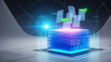 Secure data stack with digital documents labeled 'Trusted'. Illustrates secure data storage and verification.