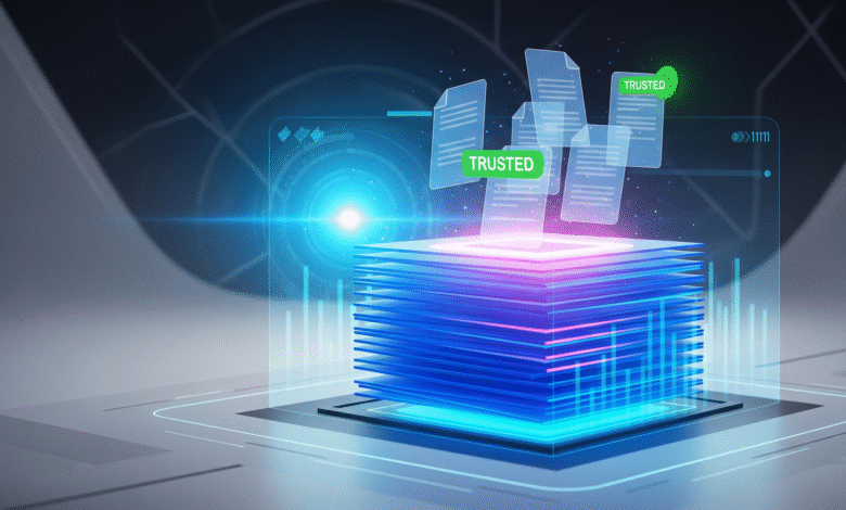 Secure data stack with digital documents labeled 'Trusted'. Illustrates secure data storage and verification.