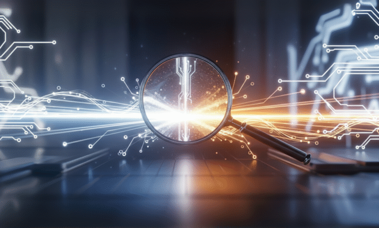 Magnifying glass over circuit board, symbolizing digital analysis or SEO.