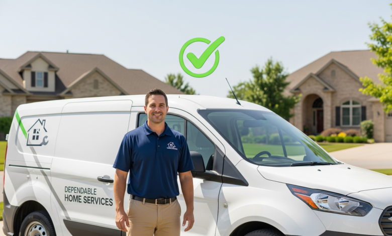 Friendly home service technician standing by his white van, a green checkmark above him.