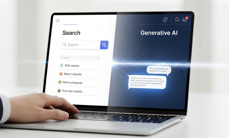 Person using laptop with generative AI search interface showing search results and a chat window.