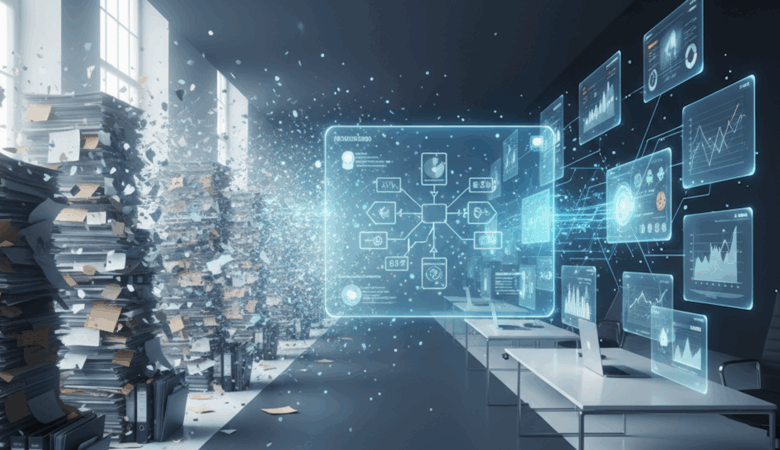 Digital transformation: Exploding paper files contrast with a holographic digital interface showing data and graphs.