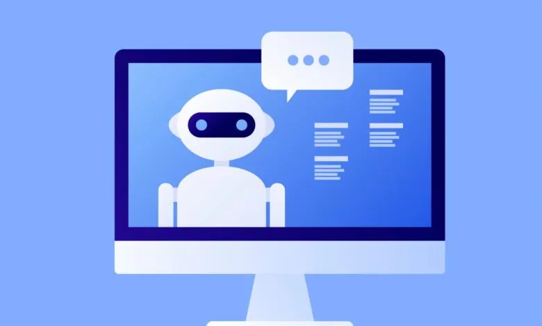 Friendly robot on computer screen, engaging in chat. AI customer service concept.