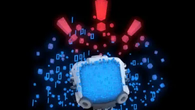 Robot head with glowing blue and red data cubes exploding from it, signifying a system overload or error.