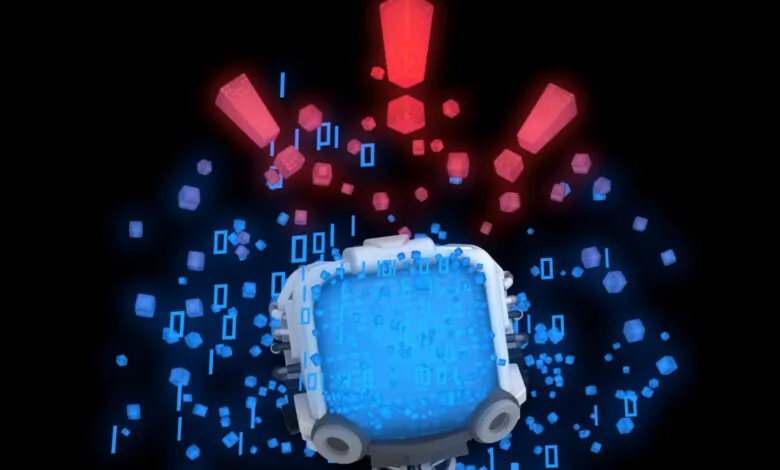 Robot head with glowing blue and red data cubes exploding from it, signifying a system overload or error.