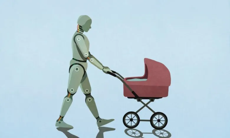 A robot pushes a baby stroller. The robot is grey and mechanical, the stroller is pink.