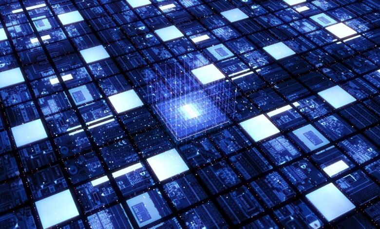 Abstract digital illustration of a central processing unit surrounded by microchips, glowing blue and white.