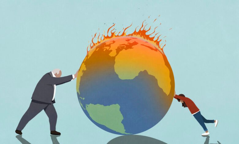 A man and woman struggle against a burning globe, symbolizing climate change.