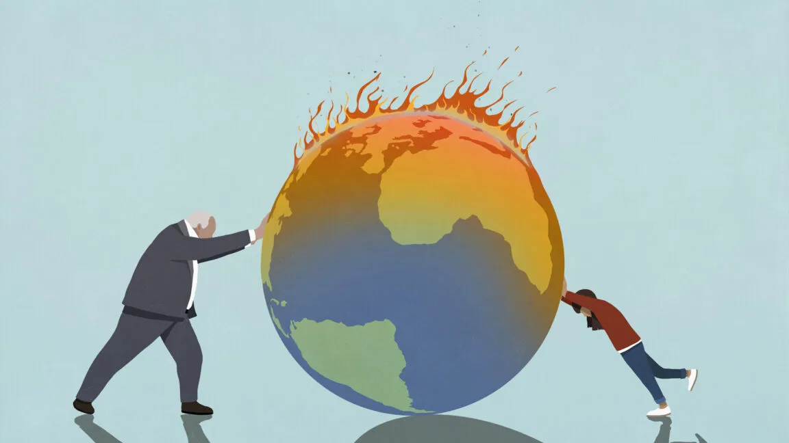 A man and woman struggle against a burning globe, symbolizing climate change.
