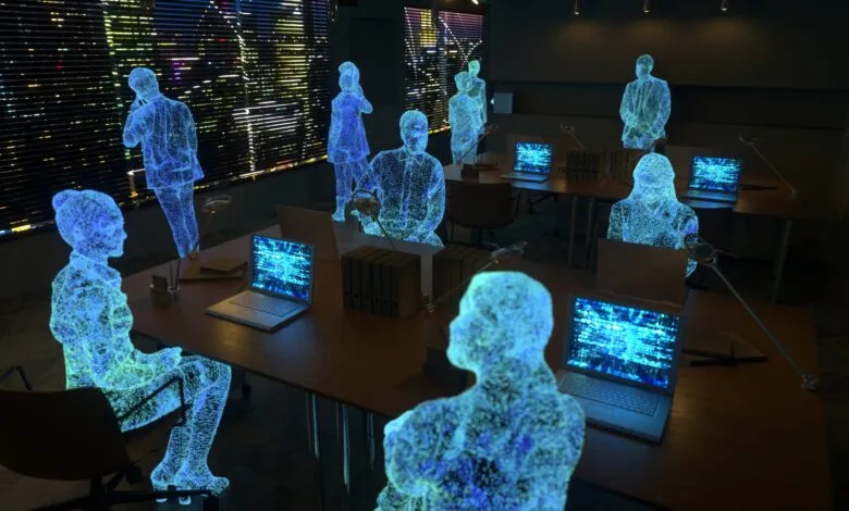 Digital avatars work in a futuristic office at night, illuminated by glowing screens and city lights.