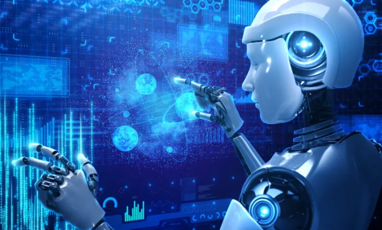 AI robot interacts with a holographic user interface, manipulating data points and planetary models.