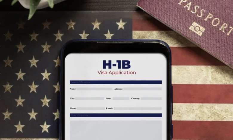 Smartphone displaying H-1B visa application form over a US flag and passport.