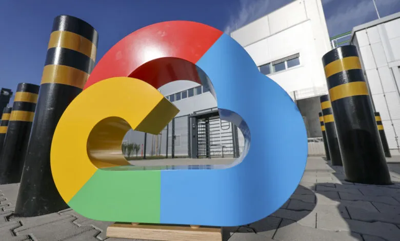 Google Cloud logo sculpture outside new data center in Hanau, Germany.