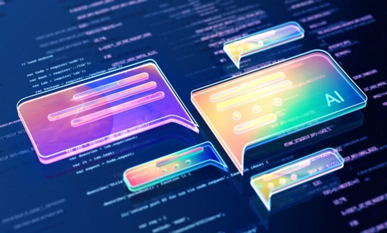 AI chatbots represented as glowing speech bubbles over lines of computer code. Concept of AI-powered communication.