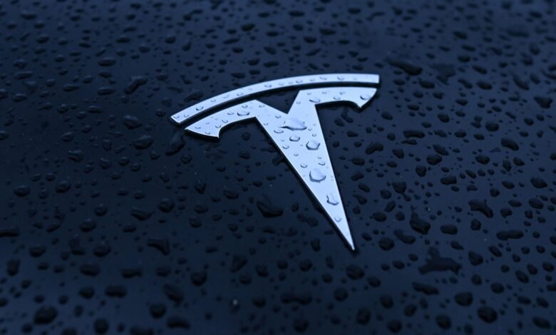 Close-up of a Tesla logo on a dark car, covered in water droplets.
