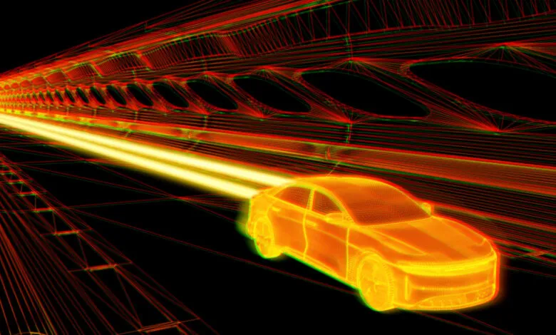 Wireframe car speeding on a futuristic road, glowing lines suggest motion.