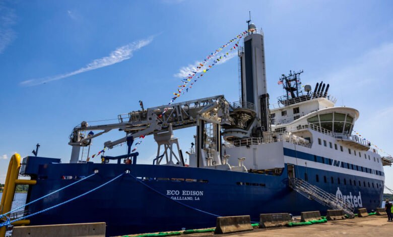 ECO Edison, an offshore wind service operations vessel, at the Revolution Wind construction hub in Rhode Island.