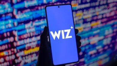 Hand holding a smartphone displaying the Wiz logo against a blurred background of code.