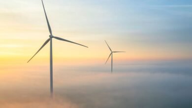 Two wind turbines rise above a layer of fog at sunrise, showcasing clean energy.