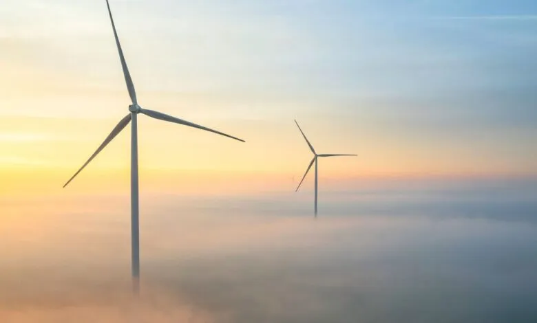 Two wind turbines rise above a layer of fog at sunrise, showcasing clean energy.