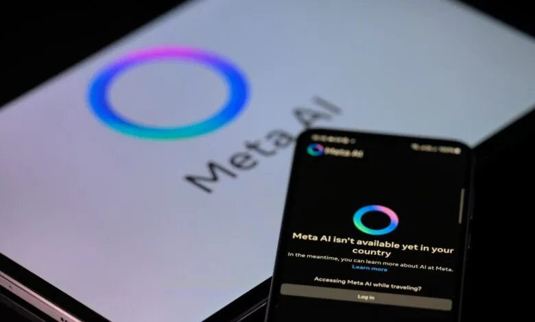 Meta AI logo on a tablet and phone screen; the phone displays a message that Meta AI is unavailable in this region.