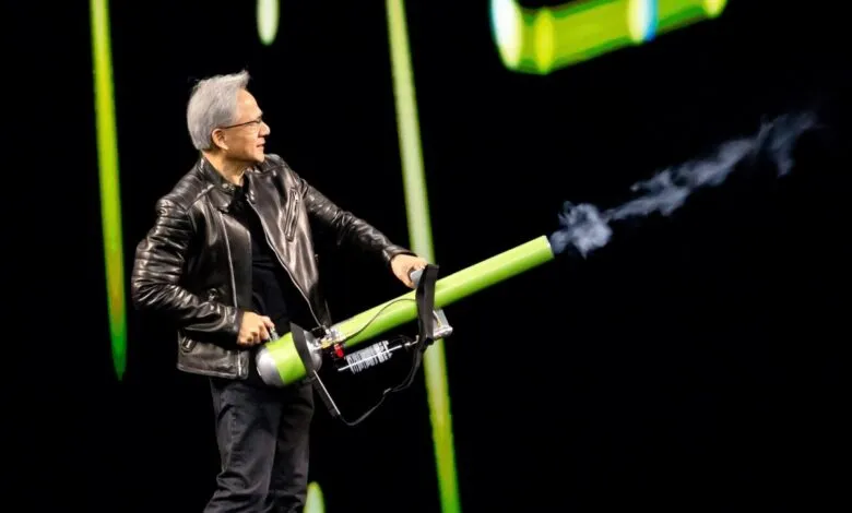 Tim Cook, Apple CEO, holds a large green device emitting smoke on stage.
