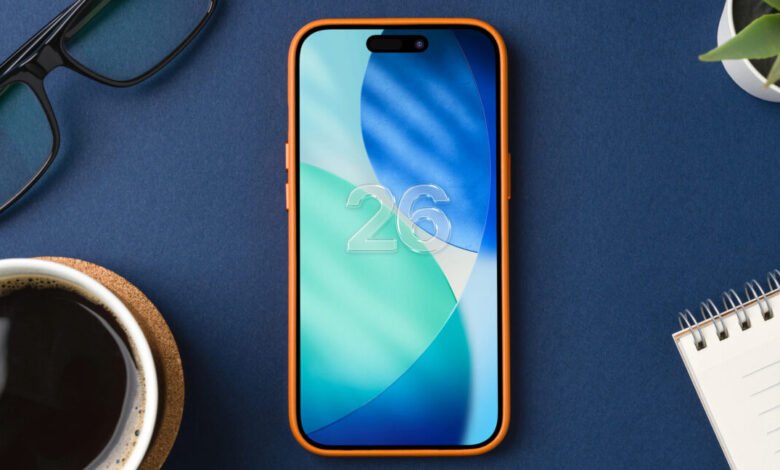 Orange iPhone 16 Pro mockup displaying a new iOS 26 interface with abstract teal and blue design elements.