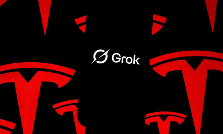 Grok logo in white on black background surrounded by red Tesla logos.