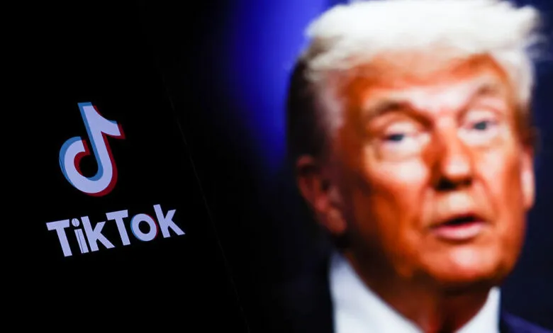 TikTok logo on a dark screen next to a blurred image of Donald Trump.