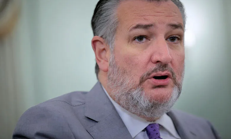 Close-up of Senator Ted Cruz speaking, wearing a gray suit and purple tie.