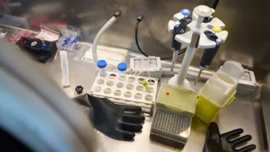 Close-up of laboratory equipment including pipettes, test tubes, and gloves.