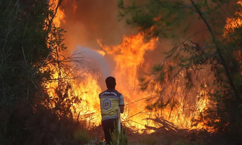 Firefighter in a yellow vest sprays water on a raging wildfire.