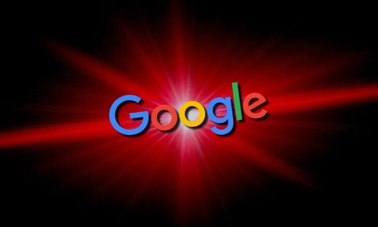 Google logo in colorful letters against a red and black background with a starburst effect.