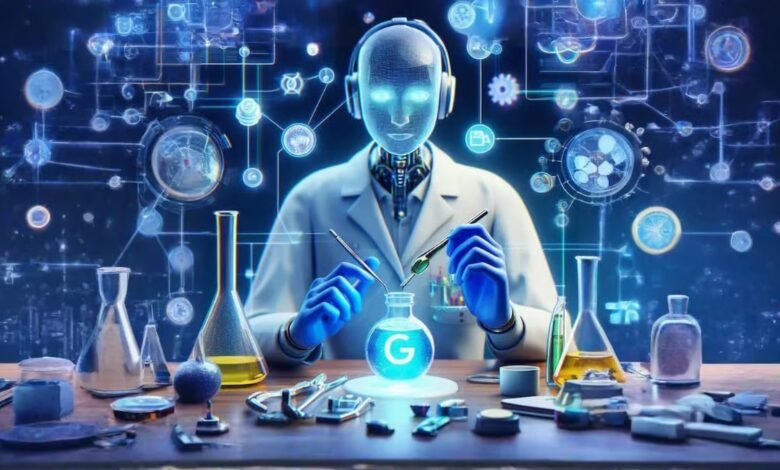 AI scientist in lab coat conducts experiment, futuristic interface displays data.