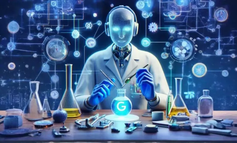 AI scientist in lab coat conducts experiment, futuristic interface displays data.