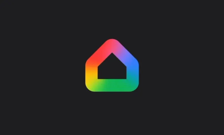 Google Home app icon with a rainbow gradient on a dark background.